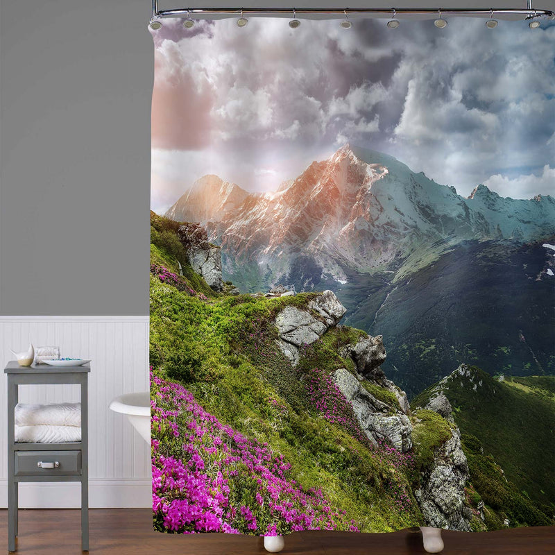 Rhododendron Flowers and Covered Mountains Peak Shower Curtain - Multicolor