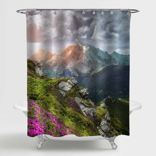 Rhododendron Flowers and Covered Mountains Peak Shower Curtain - Multicolor