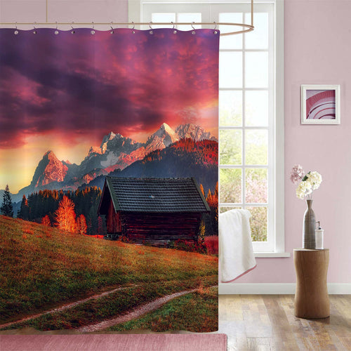 Rustic Farm House at Magnificent Alpine Highlands Shower Curtain - Purple Red