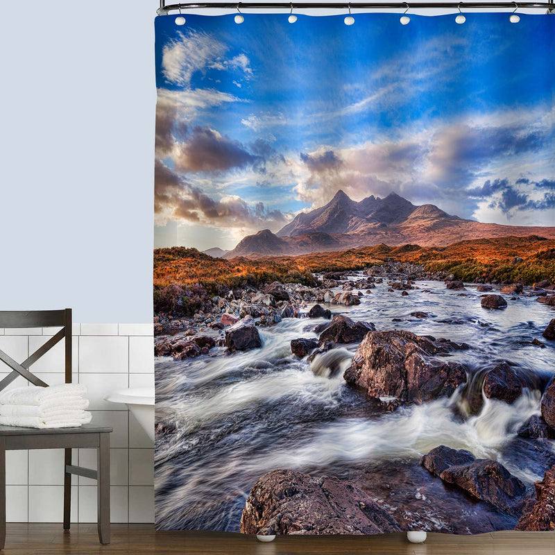Autumn View with a Mountain River Shower Curtain - Brown Blue