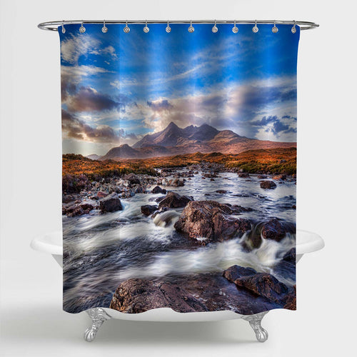 Autumn View with a Mountain River Shower Curtain - Brown Blue