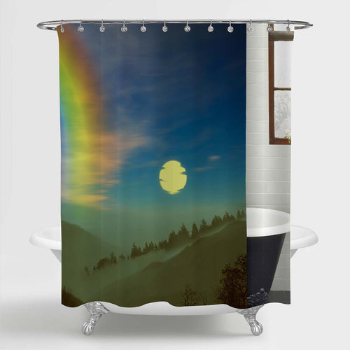 Rainbow and Full Moon in Mountain Valley Shower Curtain - Blue Green