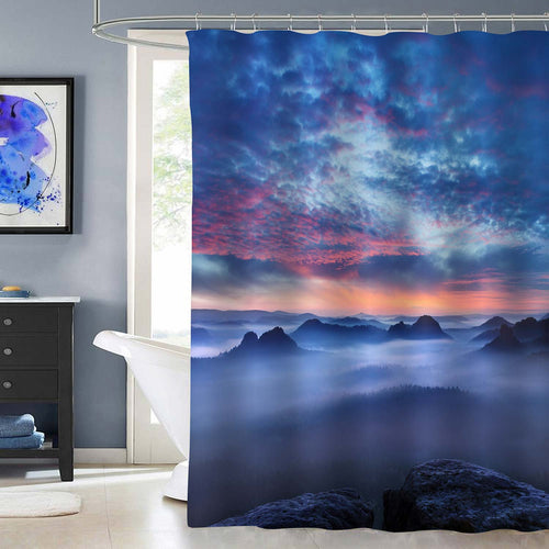 Peaks of Mountain at Sunrise in the Morning Fog Shower Curtain - Blue Red