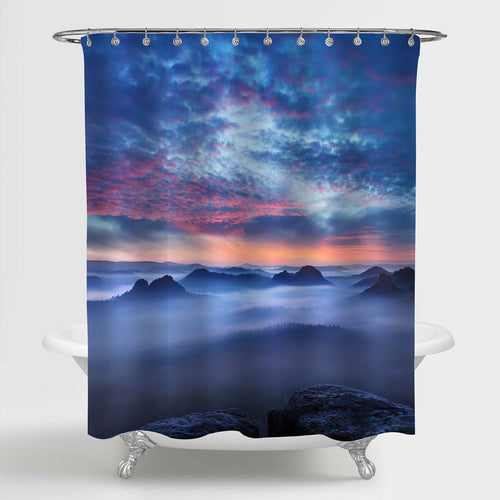 Peaks of Mountain at Sunrise in the Morning Fog Shower Curtain - Blue Red