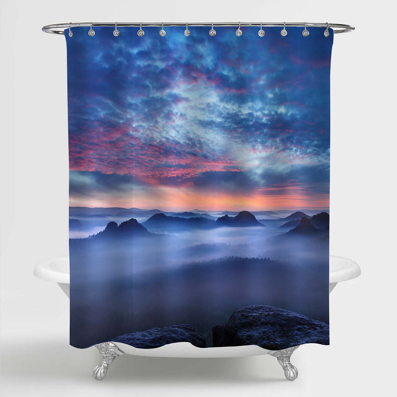 Peaks of Mountain at Sunrise in the Morning Fog Shower Curtain - Blue Red