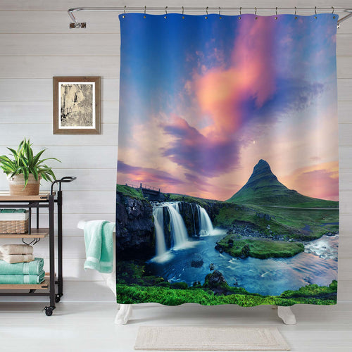 Sunrise on Kirkjufellsfoss Waterfall Near Kirkjufell Mountain Shower Curtain - Multicolor