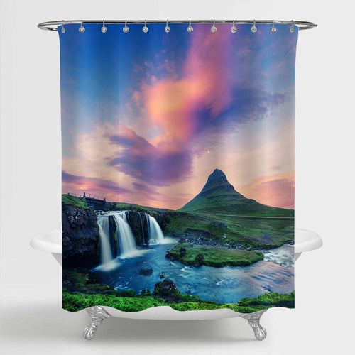 Sunrise on Kirkjufellsfoss Waterfall Near Kirkjufell Mountain Shower Curtain - Multicolor