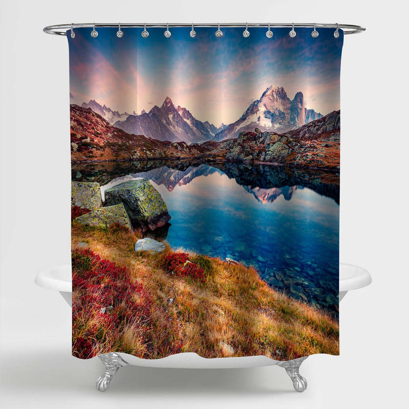 Beauty of Nature Scenery Apartment Decor, Impressive Autumn View of Alps Mountains and Lake at Sunset Bathroom Shower Curtain, No Liner Needed, Water Resistant Cloth, Blue Gold, 72 x 72