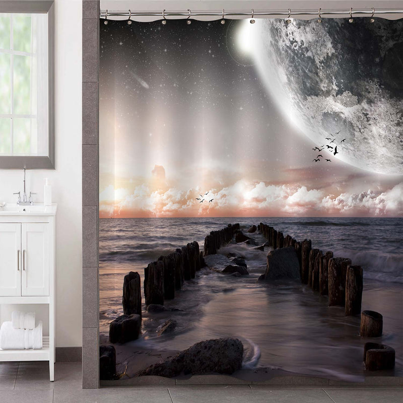 Space View from Beach and Breakwaters Shower Curtain - Grey