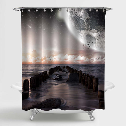 Space View from Beach and Breakwaters Shower Curtain - Grey