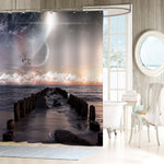 View of the Full Moon from a Ocean Beach and Breakwaters Shower Curtain - Grey