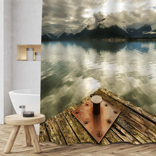 Old Wooden Dock and Calm Water with Foggy Mountain Peaks Shower Curtain
