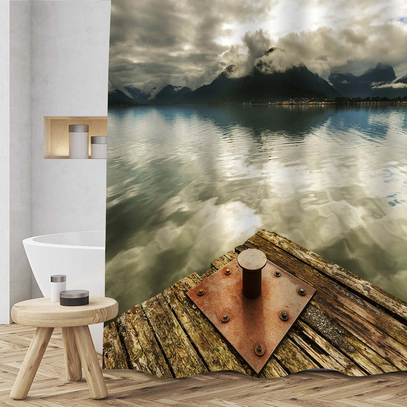 Old Wooden Dock and Calm Water with Foggy Mountain Peaks Shower Curtain