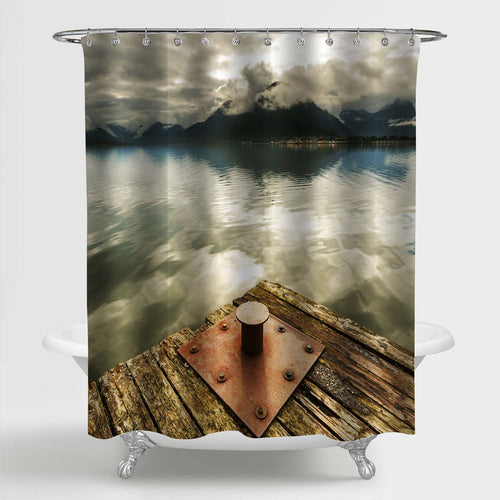 Old Wooden Dock and Calm Water with Foggy Mountain Peaks Shower Curtain