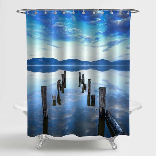 Wooden Pier Remains on a Lake Shower Curtain - Blue