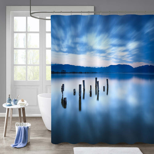Wooden Jetty Remains on a Lake Shower Curtain - Blue