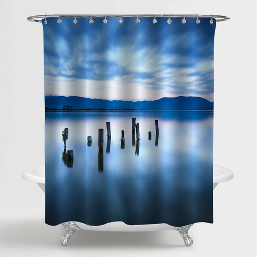 Wooden Jetty Remains on a Lake Shower Curtain - Blue