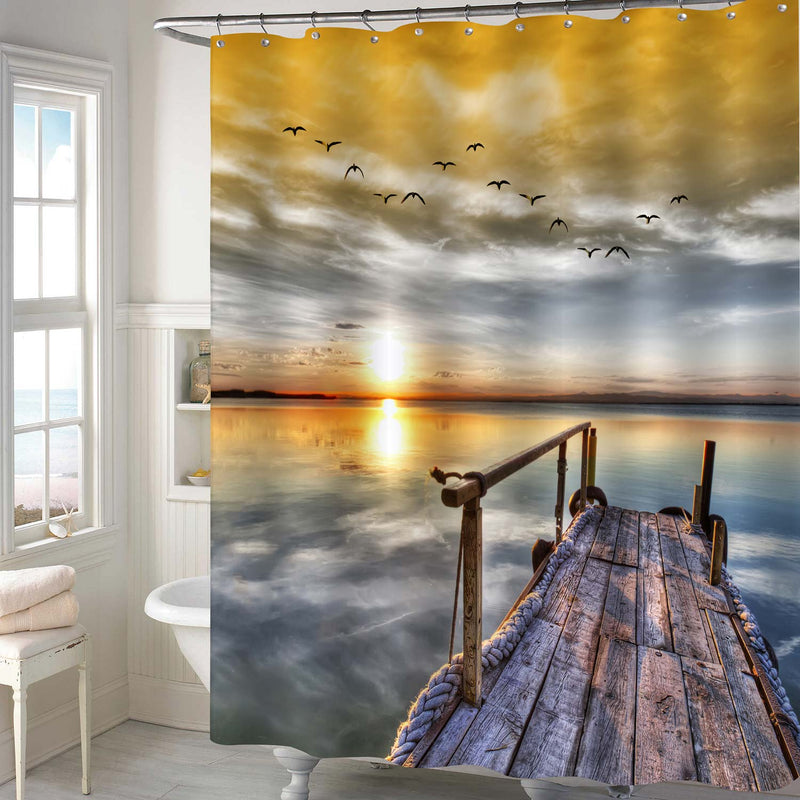 Sunset Over the Wooden Pier Shower Curtain - Gold Brown