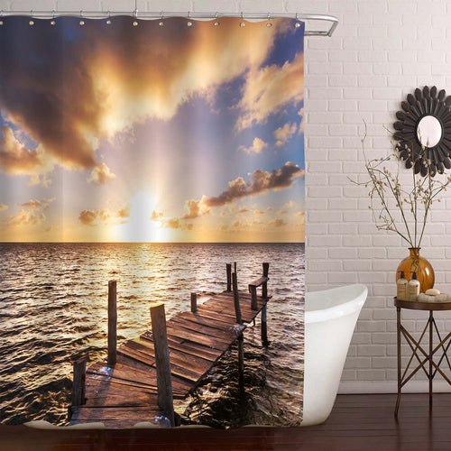 Boardwalk on Ocean Beach Home Decor, Beautiful Sunset Over The Sea and Old Wooden Dock Shower Curtain for Bathtub and Shower Stall, Gold, Blue, 72 W x 78 L inches Long