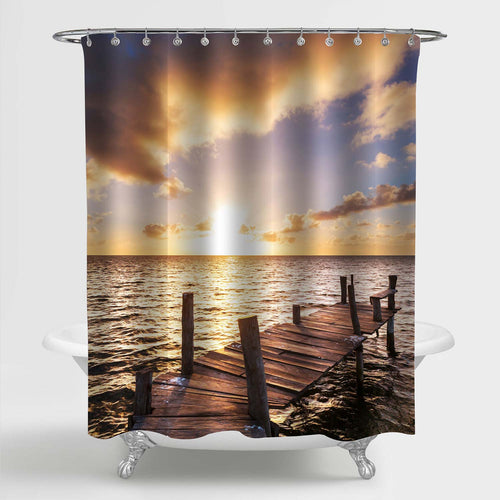 Boardwalk on Ocean Beach Home Decor, Beautiful Sunset Over The Sea and Old Wooden Dock Shower Curtain for Bathtub and Shower Stall, Gold, Blue, 72 W x 72 L inches Standard