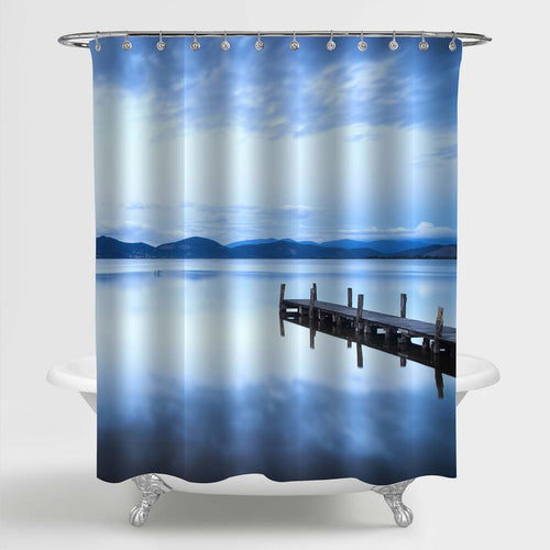 Wooden Boardwalk Through into a Calm Lake Shower Curtain - Blue