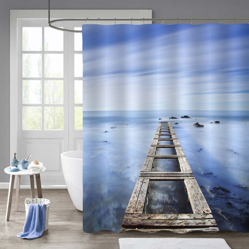 Broken Wooden Footbridge and Rocks on a Ocean Shower Curtain - Blue Grey