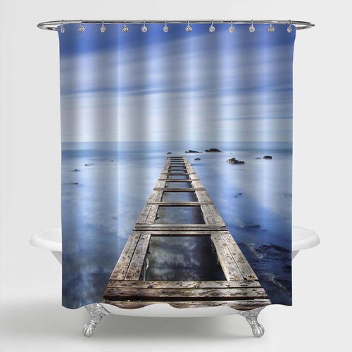 Broken Wooden Footbridge and Rocks on a Ocean Shower Curtain - Blue Grey