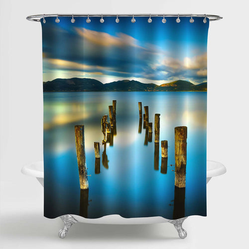 Lonely Broken Wooden Boardwalk on the Lake Shower Curtain - Blue