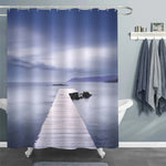 Wooden Jetty in the Bay, Rocks and Sea on Misty Sunset Shower Curtain - Grey Blue