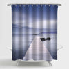 Wooden Jetty in the Bay, Rocks and Sea on Misty Sunset Shower Curtain - Grey Blue