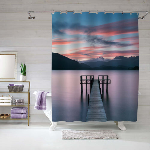 Old Wooden Wharf on the Water with Fanstic Mountain and Cloudy Sky Shower Curtain