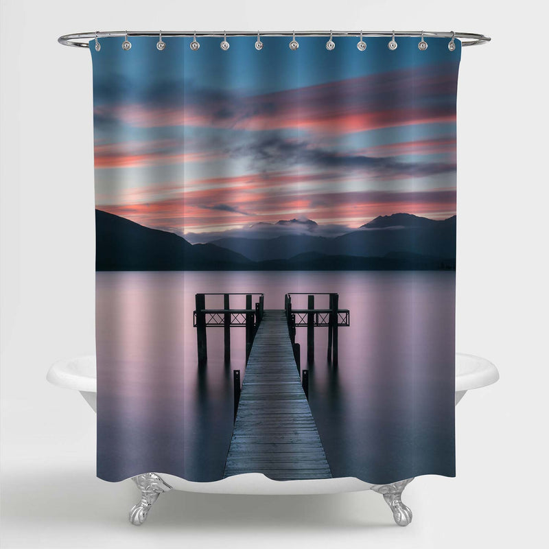 Old Wooden Wharf on the Water with Fanstic Mountain and Cloudy Sky Shower Curtain