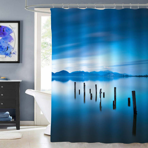 Old Broken Wooden Jetty on Water Shower Curtain - Blue