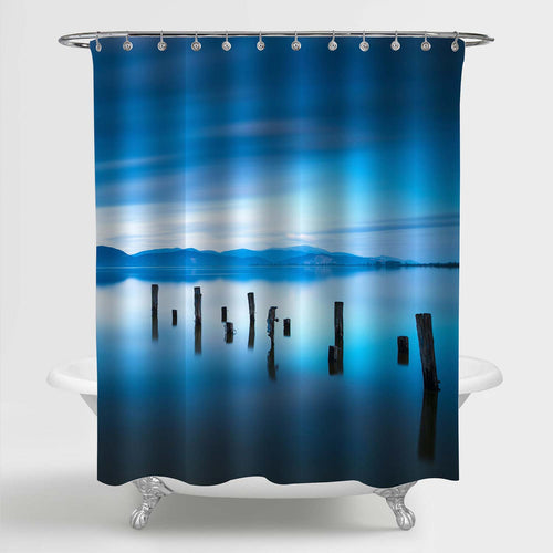 Old Broken Wooden Jetty on Water Shower Curtain - Blue