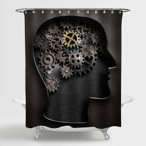 Brain Model Concept Made from Gears and Cogwheels in Metal Plate Shower Curtain