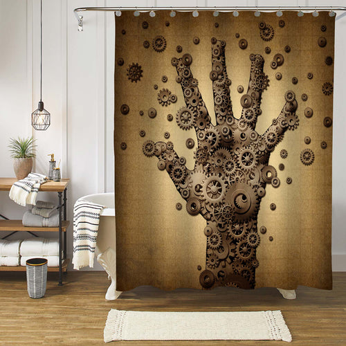 Steampunk Mechanical Gears and Cogs Machine Wheels Shaped As a Human Hand Shower Curtain - Bronze