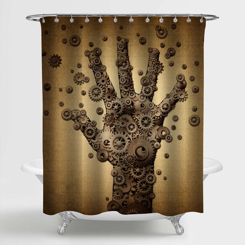 Steampunk Mechanical Gears and Cogs Machine Wheels Shaped As a Human Hand Shower Curtain - Bronze