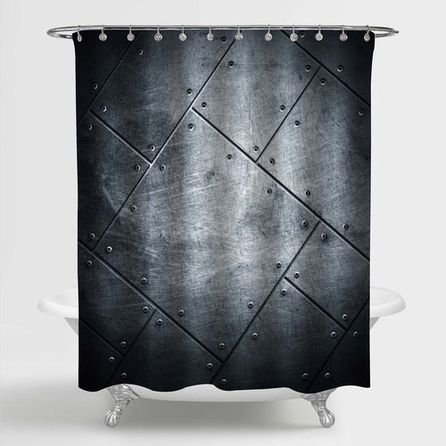 Scratched Metal Plate with Rivets on Steel Background Shower Curtain - Grey