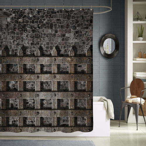 Medieval Old Metal Lattice on Stone Wall Shower Curtain - Dark Grey