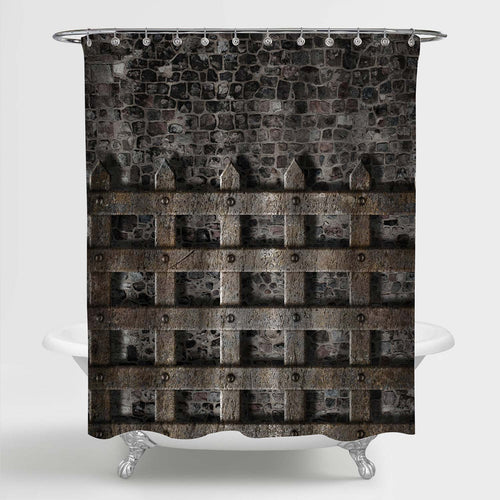 Medieval Old Metal Lattice on Stone Wall Shower Curtain - Dark Grey