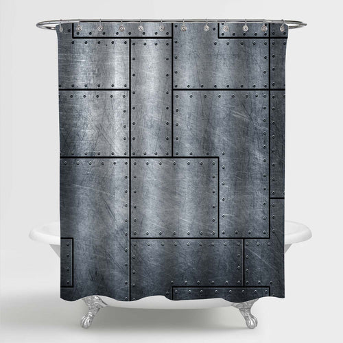 Metallic Scratched Old Steel Plate with Rivets Shower Curtain - Grey