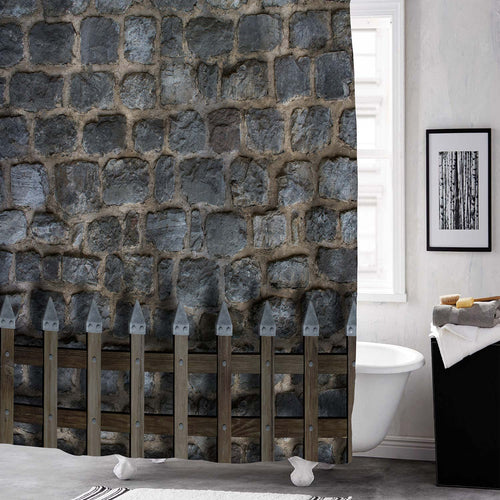 Medieval Wooden Gate Bars on Castle Stone Wall Shower Curtain - Grey