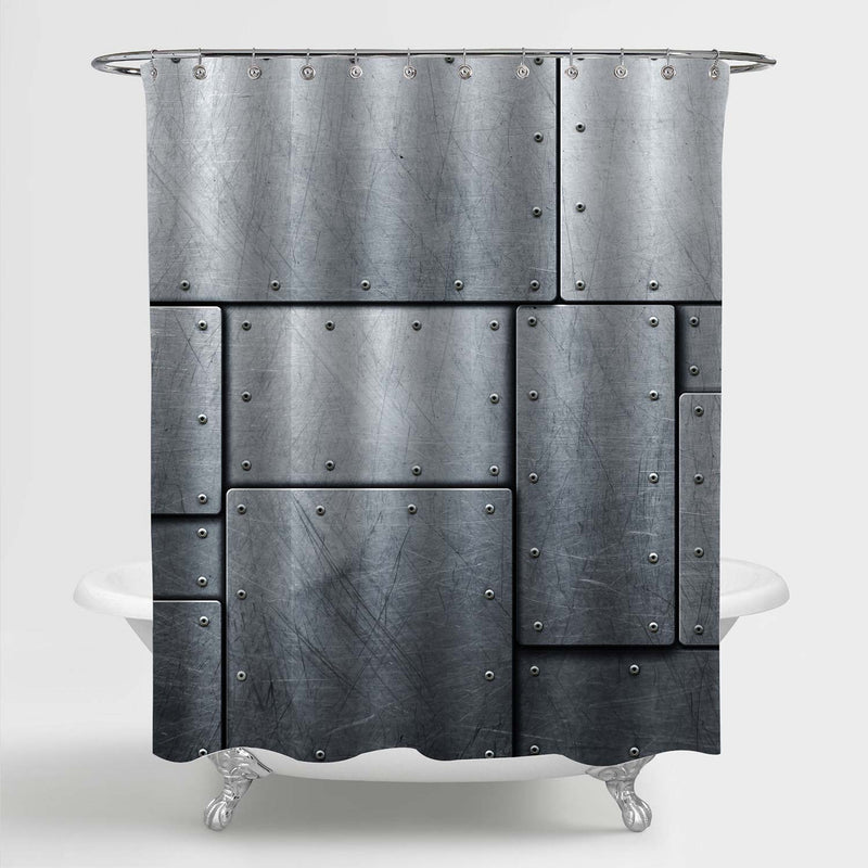 Metal Plate with Rivets on Brushed Steel Background Shower Curtain - Grey
