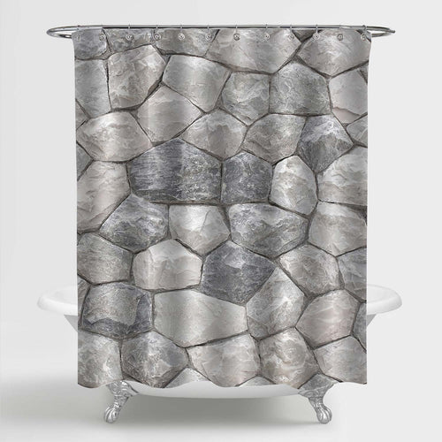 Old Stone Wall with Irregular Pentagon and Hexagon Tiles Shower Curtain - Grey