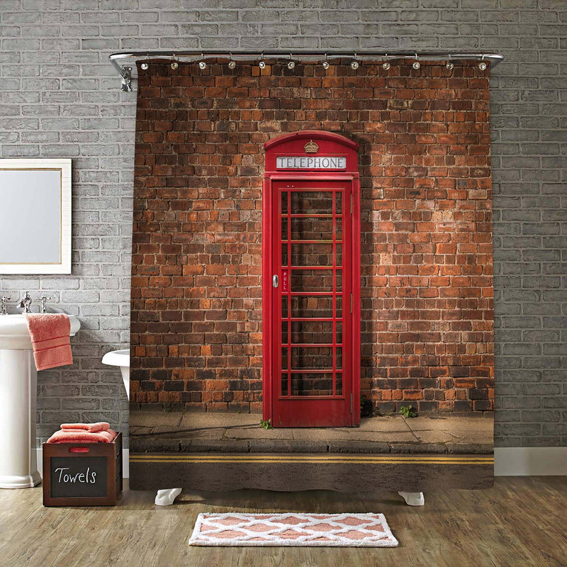 Traditional Red British Telephone Box Against a Red Brick Wall Shower Curtain - Red Brown