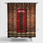 Traditional Red British Telephone Box Against a Red Brick Wall Shower Curtain - Red Brown