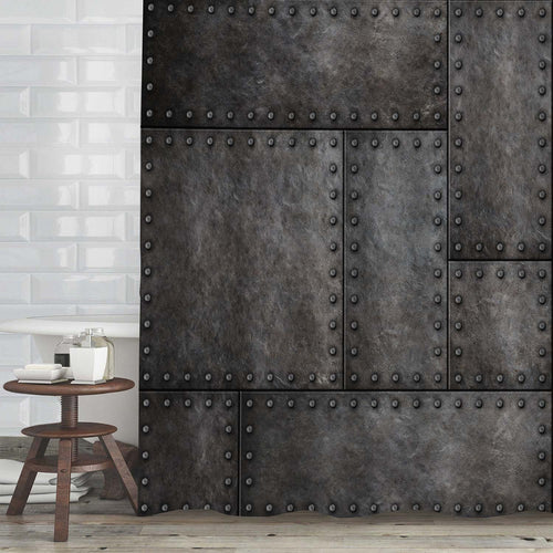 Dark Stained Metal Plates with Rivets Shower Curtain - Black Grey