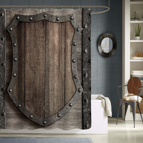Wood Shield on Medieval Castle Gate Shower Curtain - Dark Grey