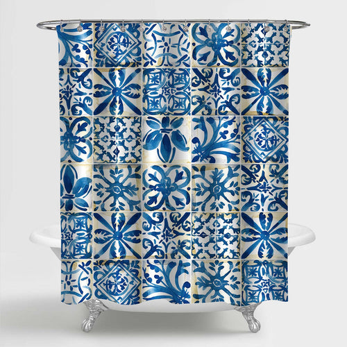 Vintage Patchwork Ceramic Tiles Pattern Shower Curtain - Blue