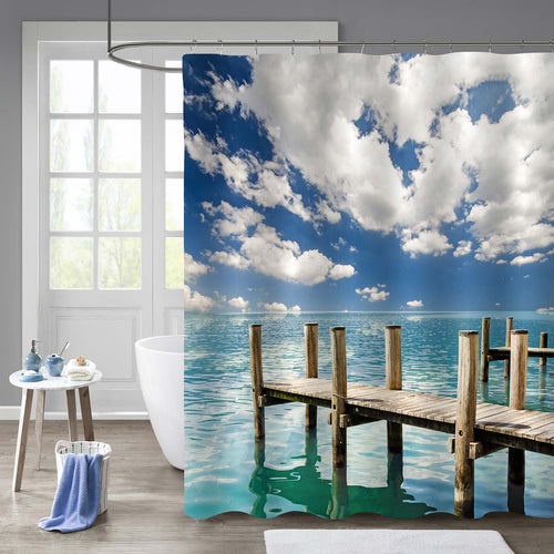 Wooden Boat Jetty Near the Lake Shore with Cloudy Sky Shower Curtain - Blue Green